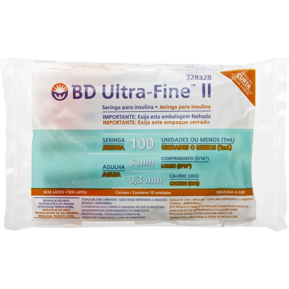 Seringa de Insulina BD Ultra-Fine II 8mm 100UI com 10 Unidades