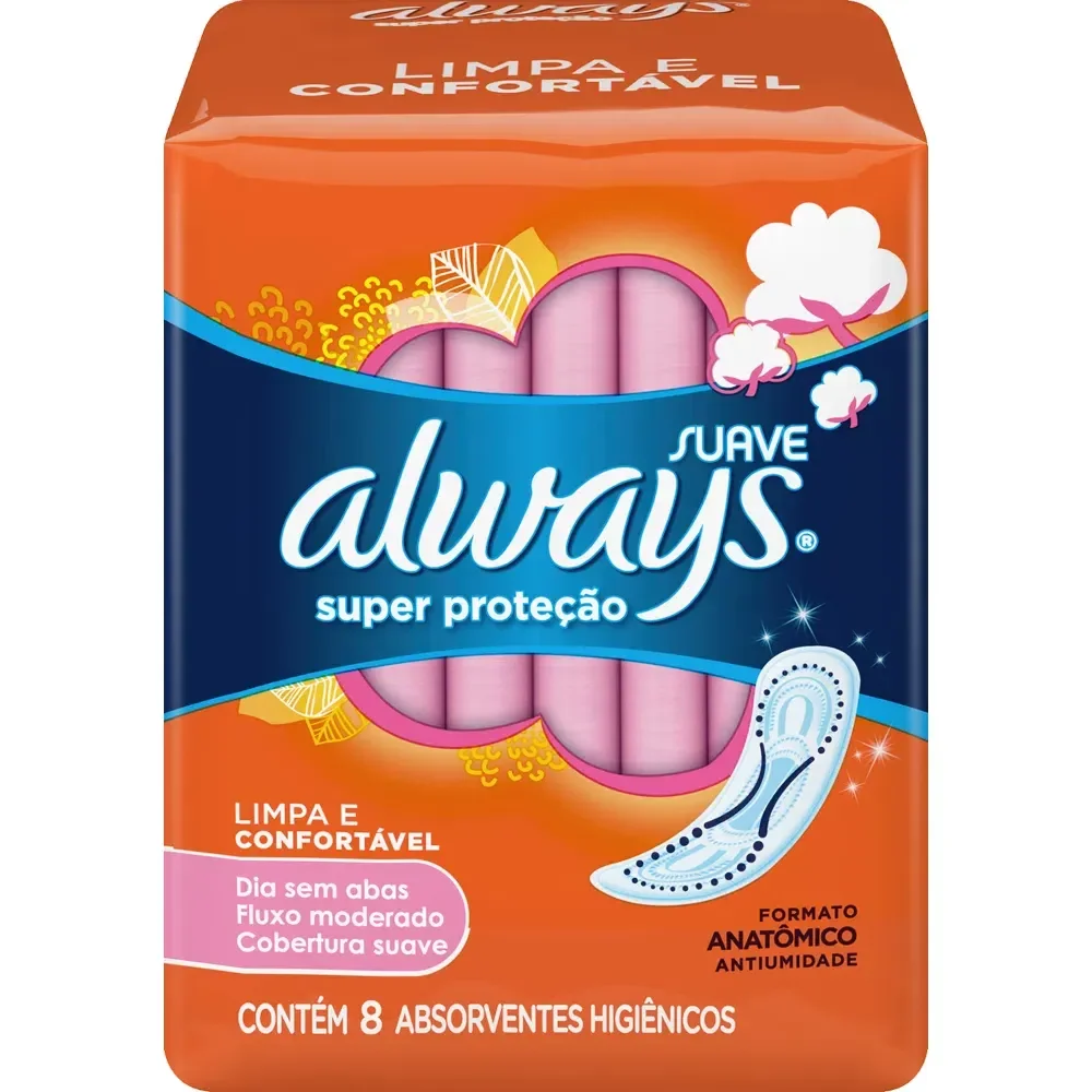 Absorvente Always Super Proteção Cobertura Seca sem Abas com 8 Unidades