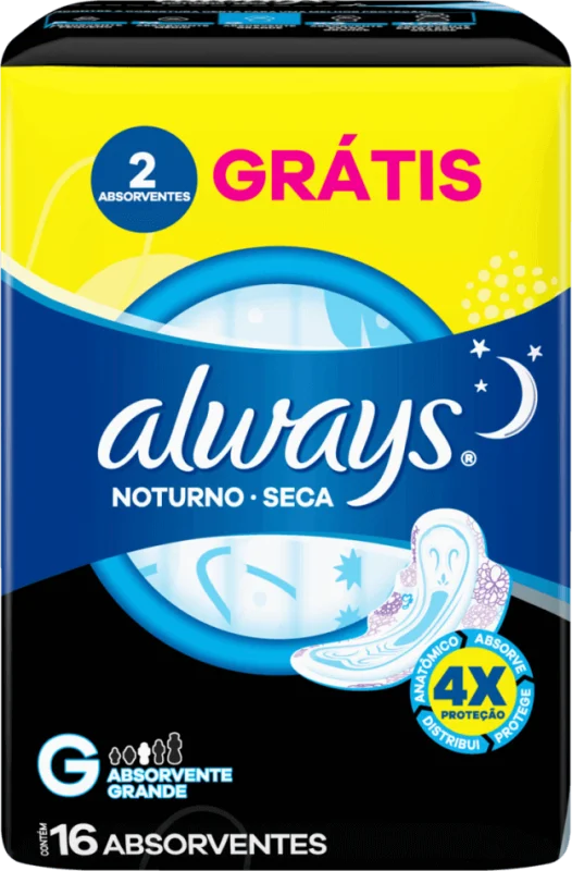 ABSORVENTE ALWAYS NOTURNO 16UN SECA COM ABAS G 02UN GRÁTIS