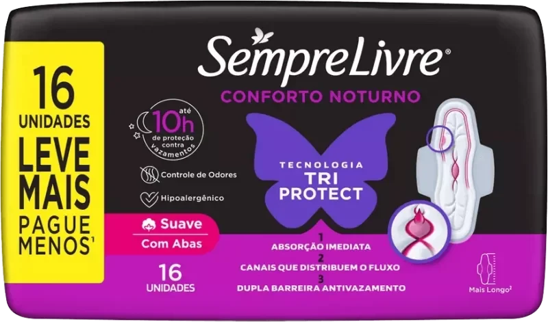 ABSORVENTE SEMPRE LIVRE NOTURNO 16UN SUAVE COM ABAS