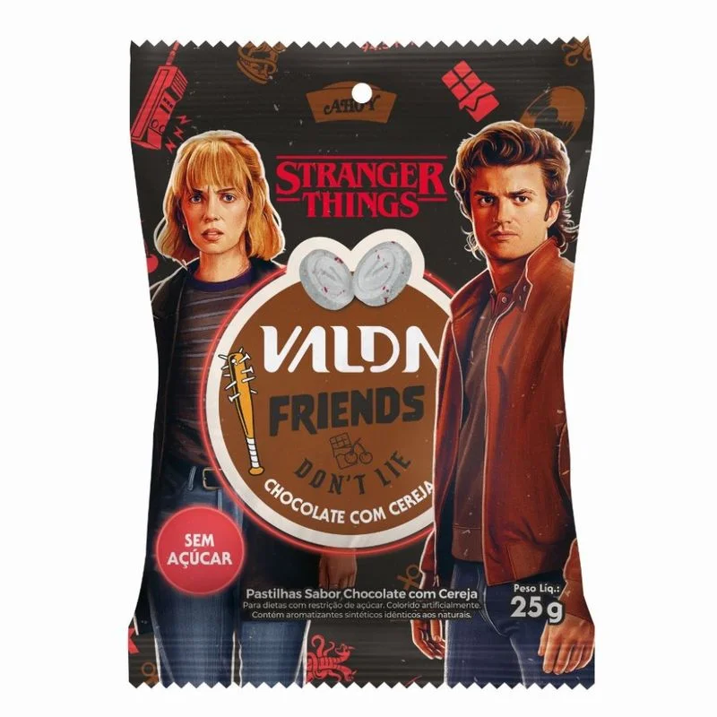 Pastilhas Valda Stranger Things Friends Dont't Lie Chocolate com Cereja Sem Açúcar 25g