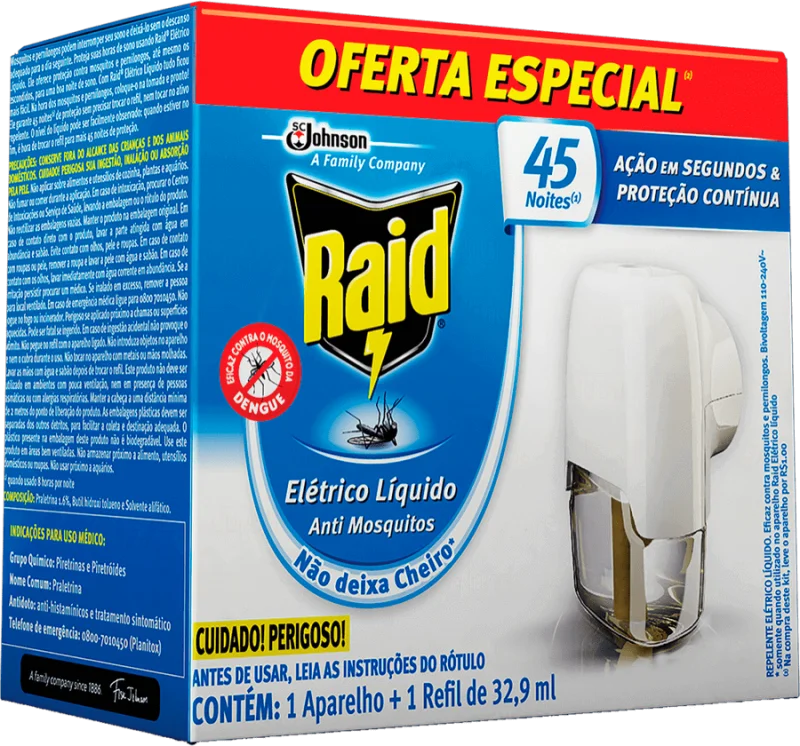 REPELENTE APARELHO ELÉTRICO RAID+REFIL 32,9ML 45 NOITES