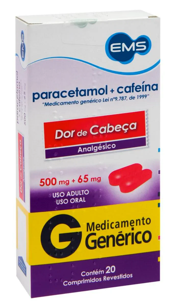 Paracetamol 500mg + Cafeína 65mg com 20 Comprimidos Revestidos