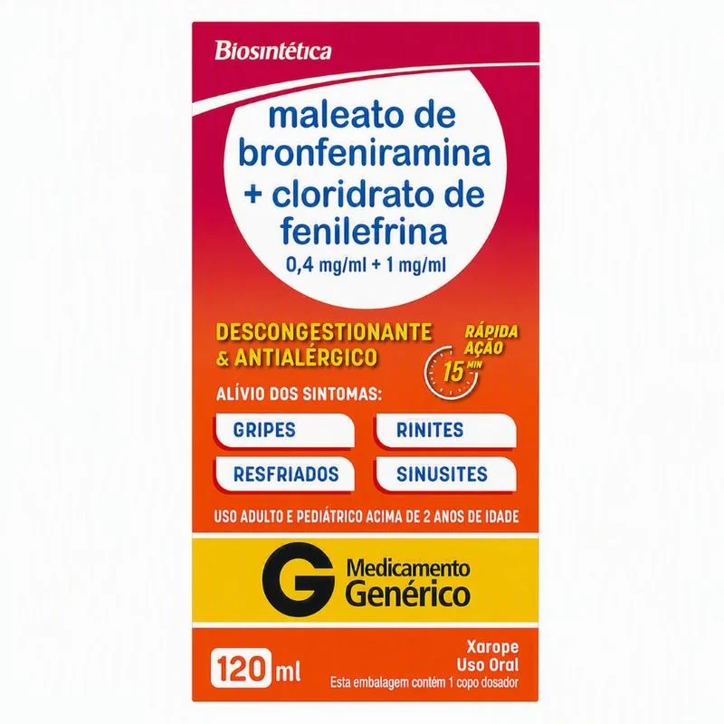 Maleato De Bronfeniramina + Cloridrato De Fenilefrina Xarope 0,4mg/ml + 4mg/ml 120ml Biosintética