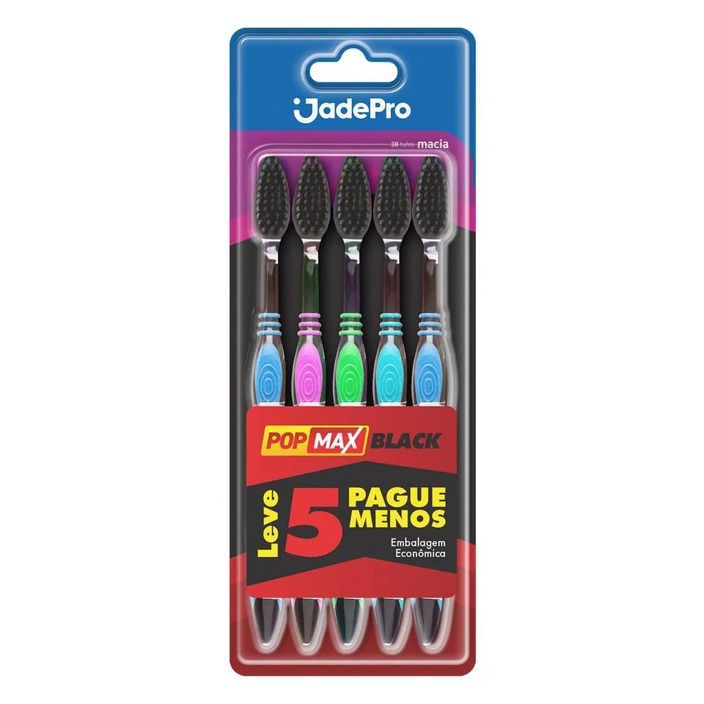 Escovas Dentais JadePro Popmax Black Macia 045 com 5 Unidades