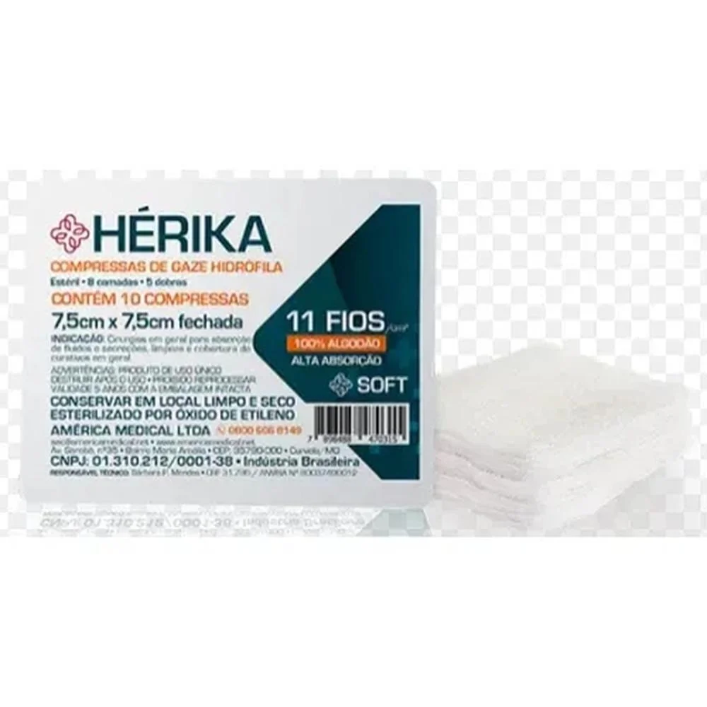 Compressas de Gaze Estéril 11 Fios Hérika 7,5cm X 7,5cm com 10 Unidades
