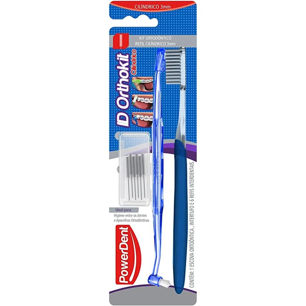 Kit Powerdent Id Orthokit com 1 Escova Ortodôntica + 1 Escova Interdental Cilíndrica 3mm + 6 Refis Interdenteais