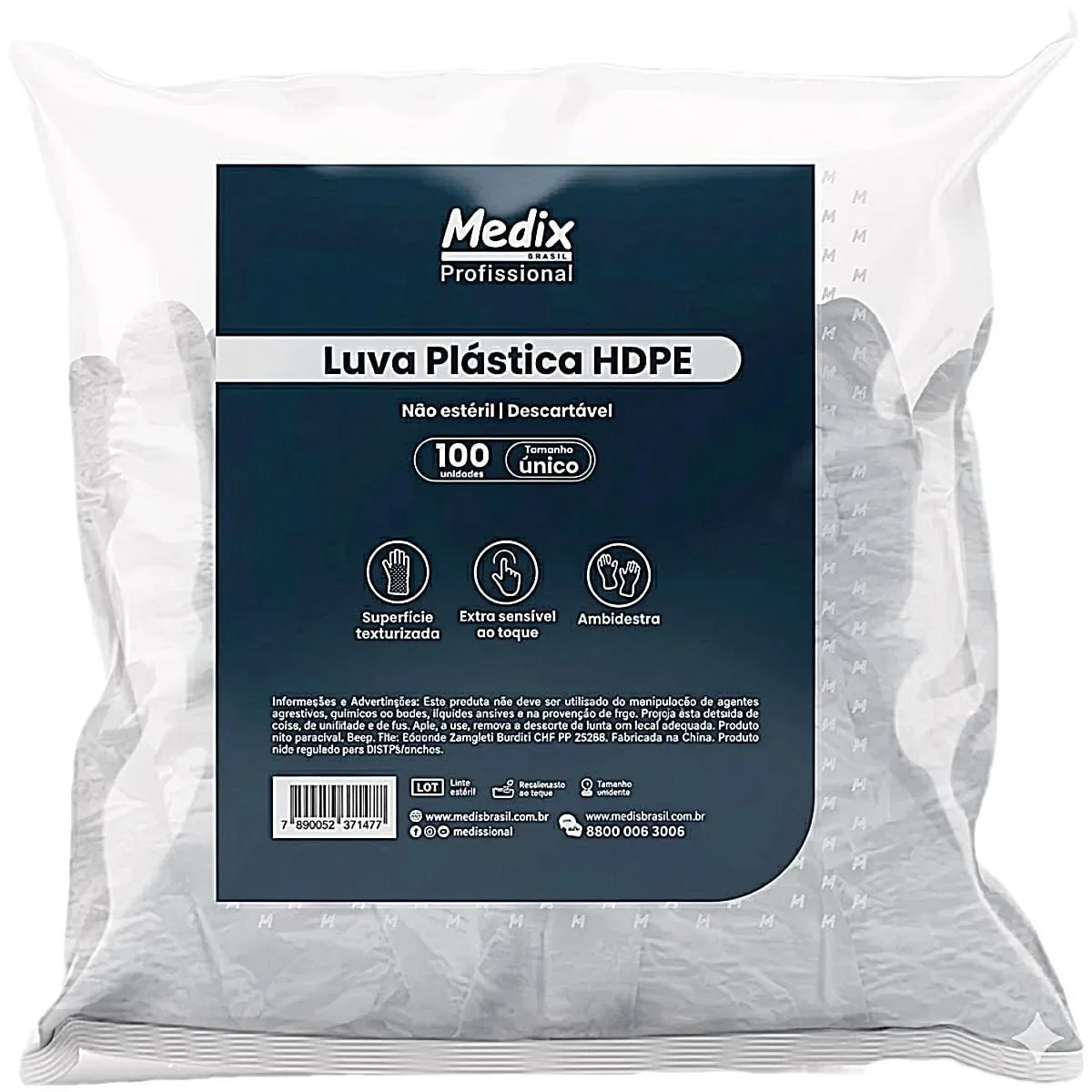 Luva Plástica Hdpe Não Estéril Descartável 100 Unidades