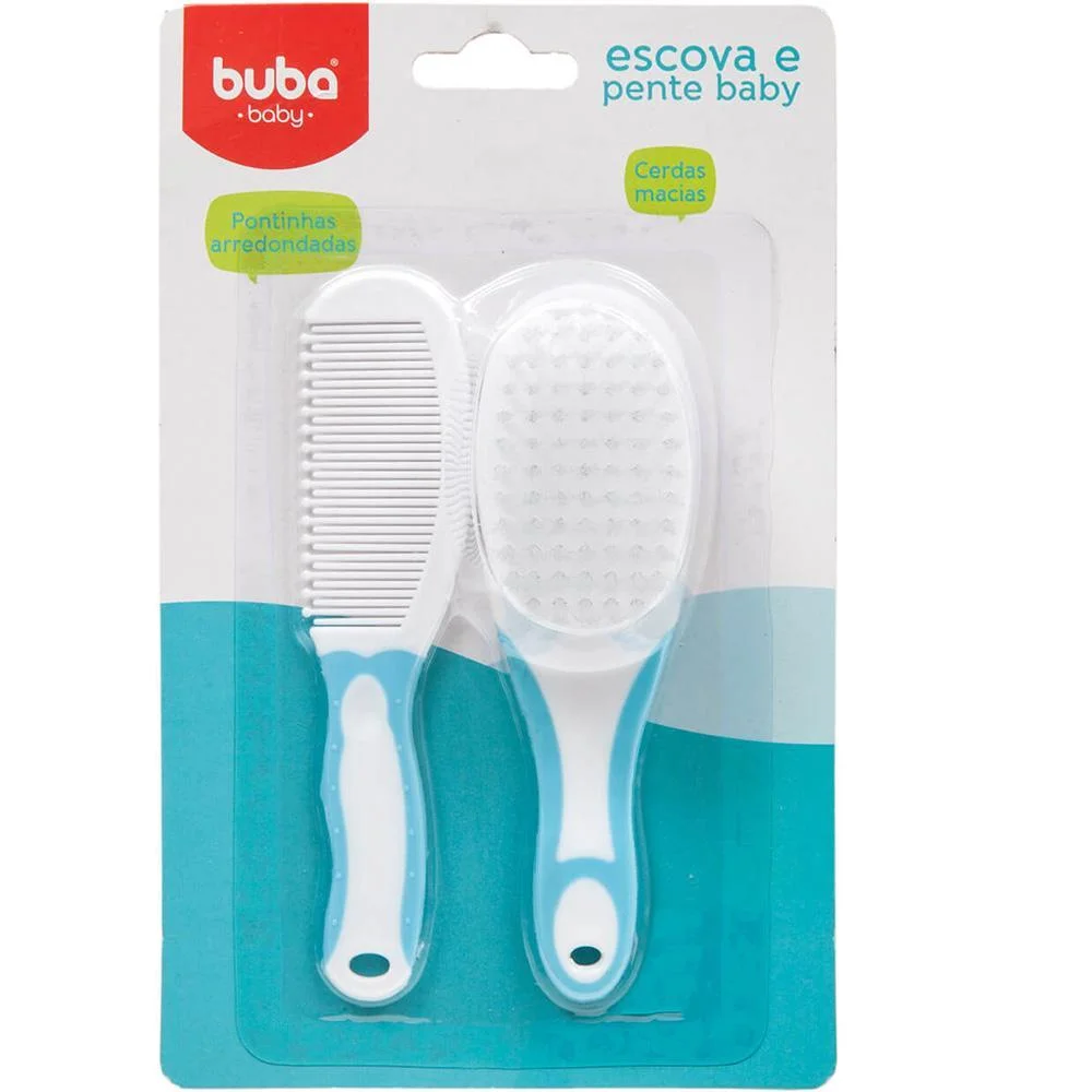 Kit Buba com 1 Escova de Cerdas Macias + 1 Pente Azul