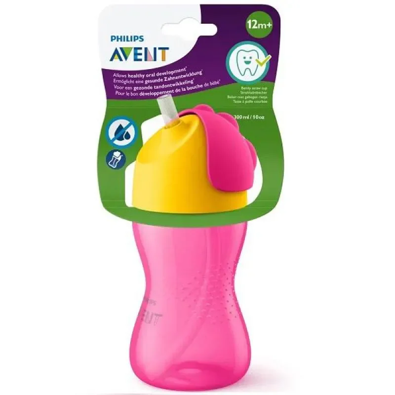 Copo com Canudo 300ml Curvado Dinossauro Rosa Phlips Avent Scf798/02